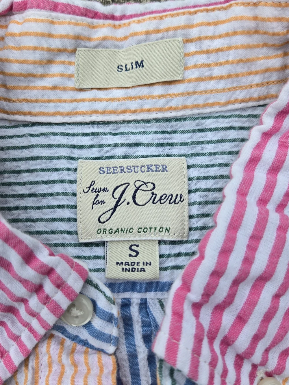 J Crew Seersucker Shirt Mens Small Multicolor Stripe Organic Cotton Slim Preppy